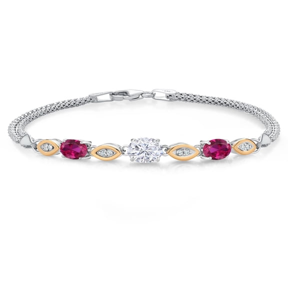 Gem Stone King 925 Silver and 10K Yellow Gold White Moissanite and Red Created Ruby and White Lab Grown Diamond Bracelet for Women (1.96 Cttw, Gemstone, Oval, Wheat Chain, 7 inches)