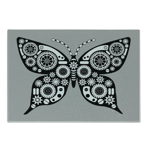 Steampunk Cutting Board, Silhouette Butterfly Design with Mechanism Cogs and Gears, Decorative Tempered Glass Cutting and Serving Board, in 3 Sizes, by Ambesonne