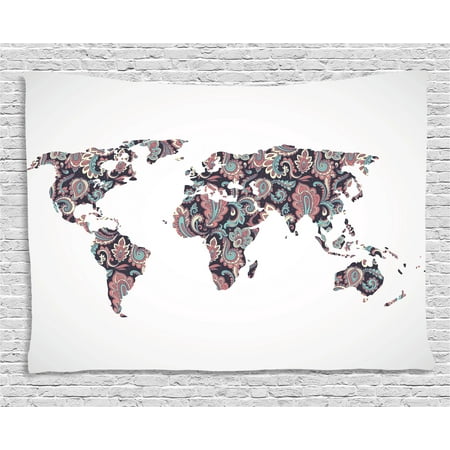 Chic Bedroom Decor (Modern Tapestry, World Map with Paisley Leaves Ornamental Middle Eastern Style Chic Design, Wall Hanging for Bedroom Living Room Dorm Decor, 60W X 40L Inches, Plum Coral Turquoise, by)