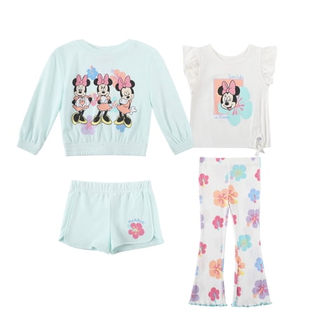 Disney Clothes Baby Girls 4-Piece Set – Minnie Mouse Pullover, Tee, Shorts & Pants (White/Blue) 4T