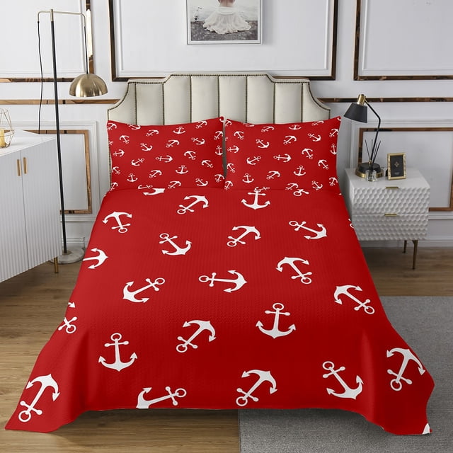 Erosebridal Ensembles de Couvre-Lit Ancre Océan Format Simple, Courtepointe Nautique de Mer, Ensembles de Courtepointe Rouge et Blanc pour Lit Format Simple, Décoration de Chambre Marine en Microfibre, 2 Pcs