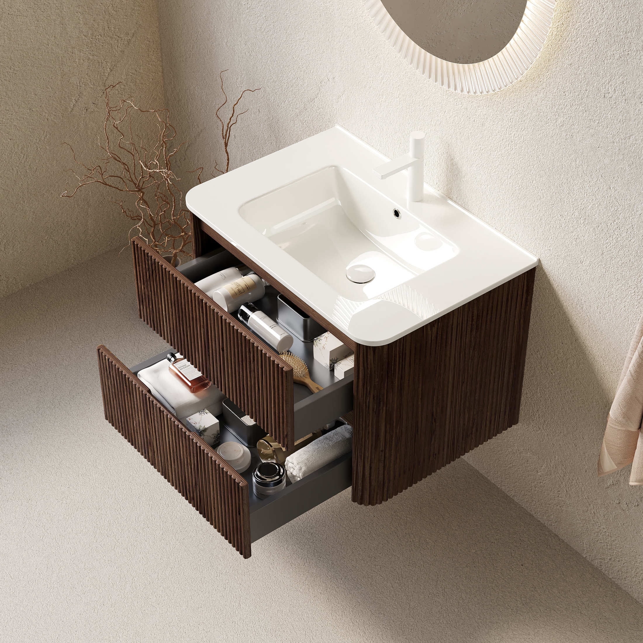 Noble House Noor 30" Floating Bathroom Vanity with Seamless Ceramic Basin, Retro Soft-Close Drawers, Walnut