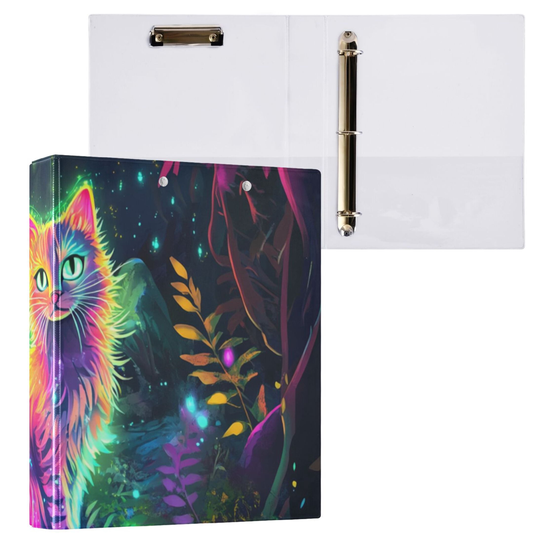 Colorful Cat in Forest 3 Ring Binders 1.5 inch Hardcover File Folders with Interior Pockets A4 Size Organizer for School Office Hospital