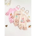 thumbnail image 3 of Toddler Baby Girl Easter Outfit Bunny/Letter Embroidery Ruffled Long Sleeve Crewneck Jumpsuit Romper with Bow Headband Set, 3 of 8