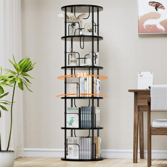 Flycity Bibliothèque Rotative à 5 Niveaux, Étagère d'Angle de Rangement Rotative à Affichage 360° avec Cloison Visible Spéciale, Noir