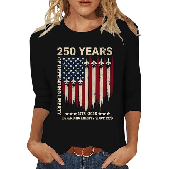 LINGLANG 3/4 Sleeve 4th of July Shirts for Women, Crewneck Patriotic USA Flag 250th Anniversary Shirt, Summer Casual July 4th Tee Tops Blouse