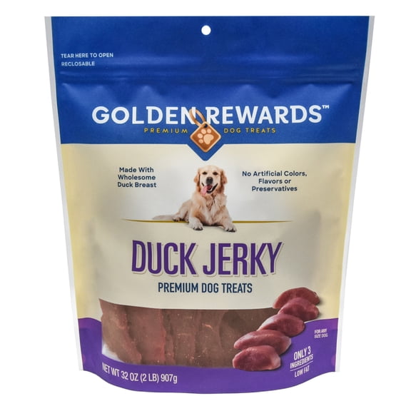 Golden Rewards Duck Flavor Premium Dry Jerky Treats for All Dogs, Various Sizes Available
