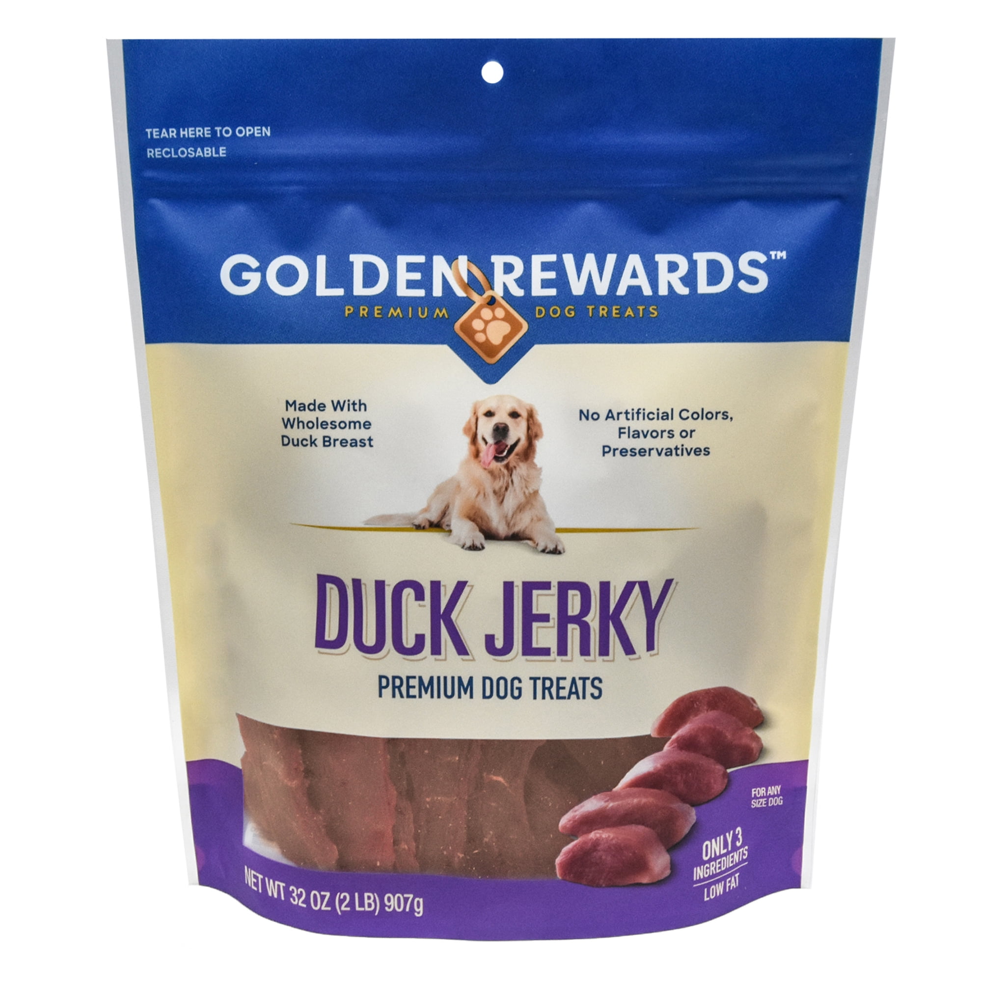 Golden Rewards Duck Flavor Premium Dry Jerky Treats for All Dogs, 32 oz