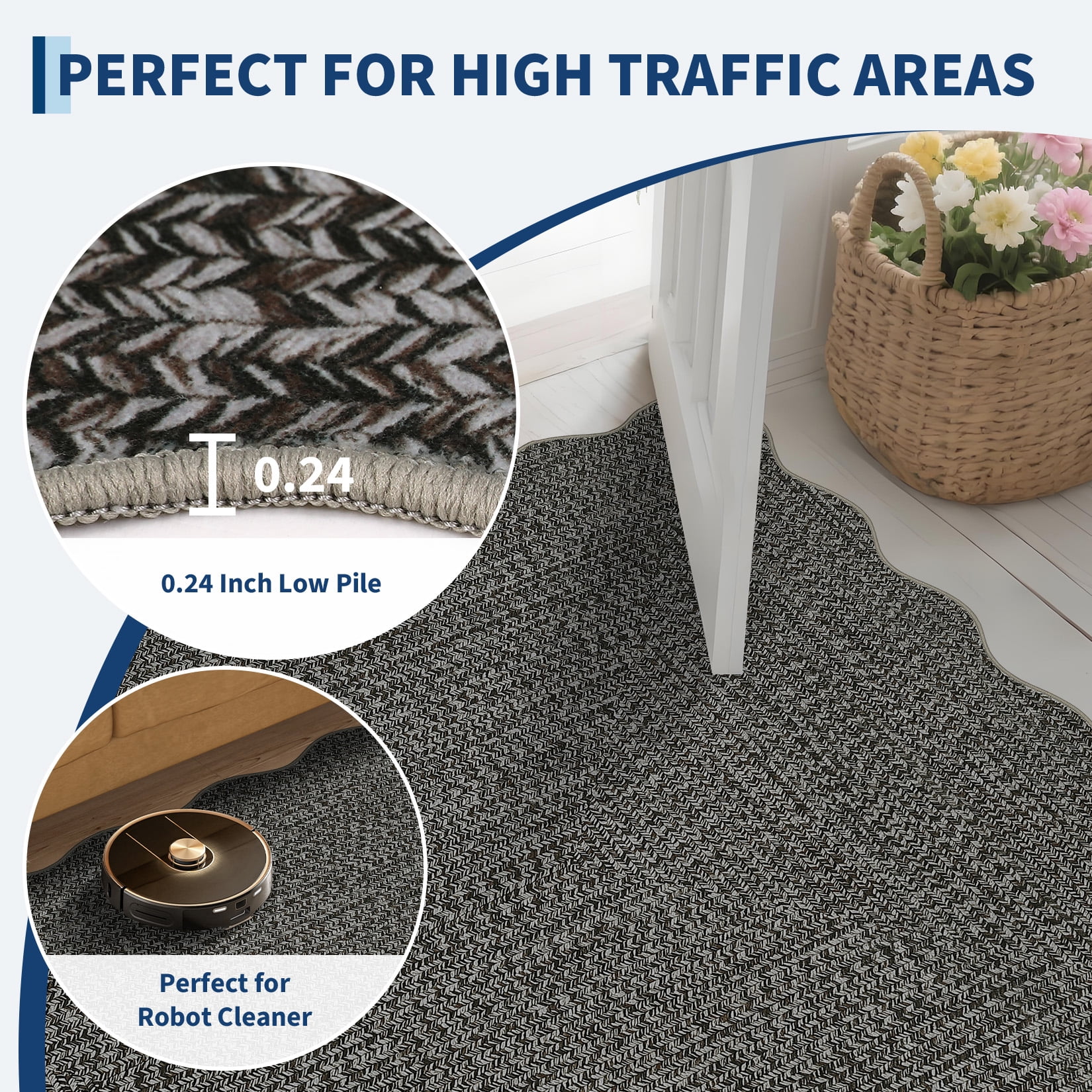 Garvee 8'x10' Scalloped Rug Farmhouse Braided Print Carpet, Washable Rug Soft Non Slip Low Pile Rug Indoor Neutral Carpet for Living Room Bedroom Dining Room, Gray Brown