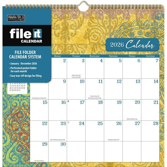 Wells Street by Lang, Bohemian File It 2026 Wall Calendar, 12'' X 12.13'', 12-Month Calendar with Stapled Binding