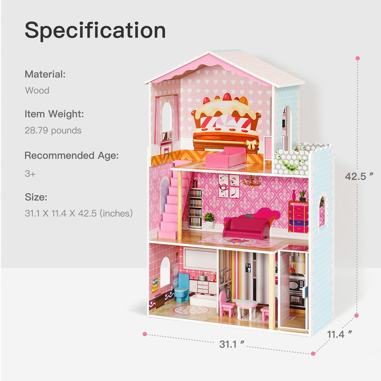 Sale Promotion]Wooden Dollhouse Toys for Kids, Girls Building Toys Figure,  Pretend Play Doll House, Toddlers Playhouse Accessories and Furniture, Gift  for Ages 3+, Pink 