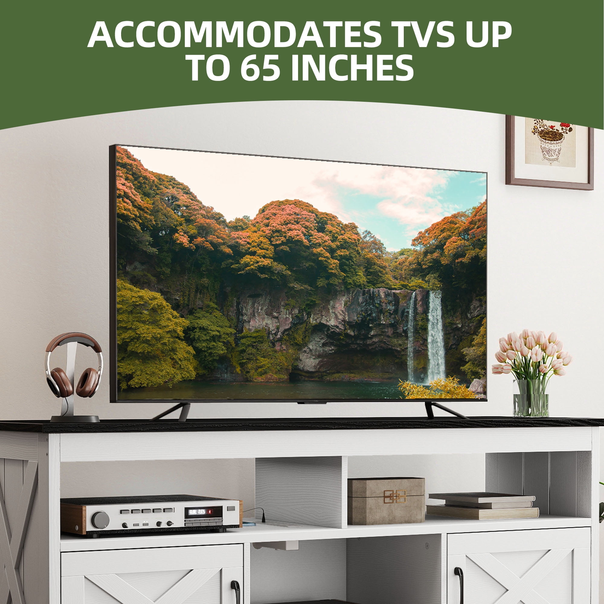 Uforic 59" Farmhouse TV Stand for 55/60 Inch TV with Power Outlet,Entertainment Center TV Console with Door, White & Black