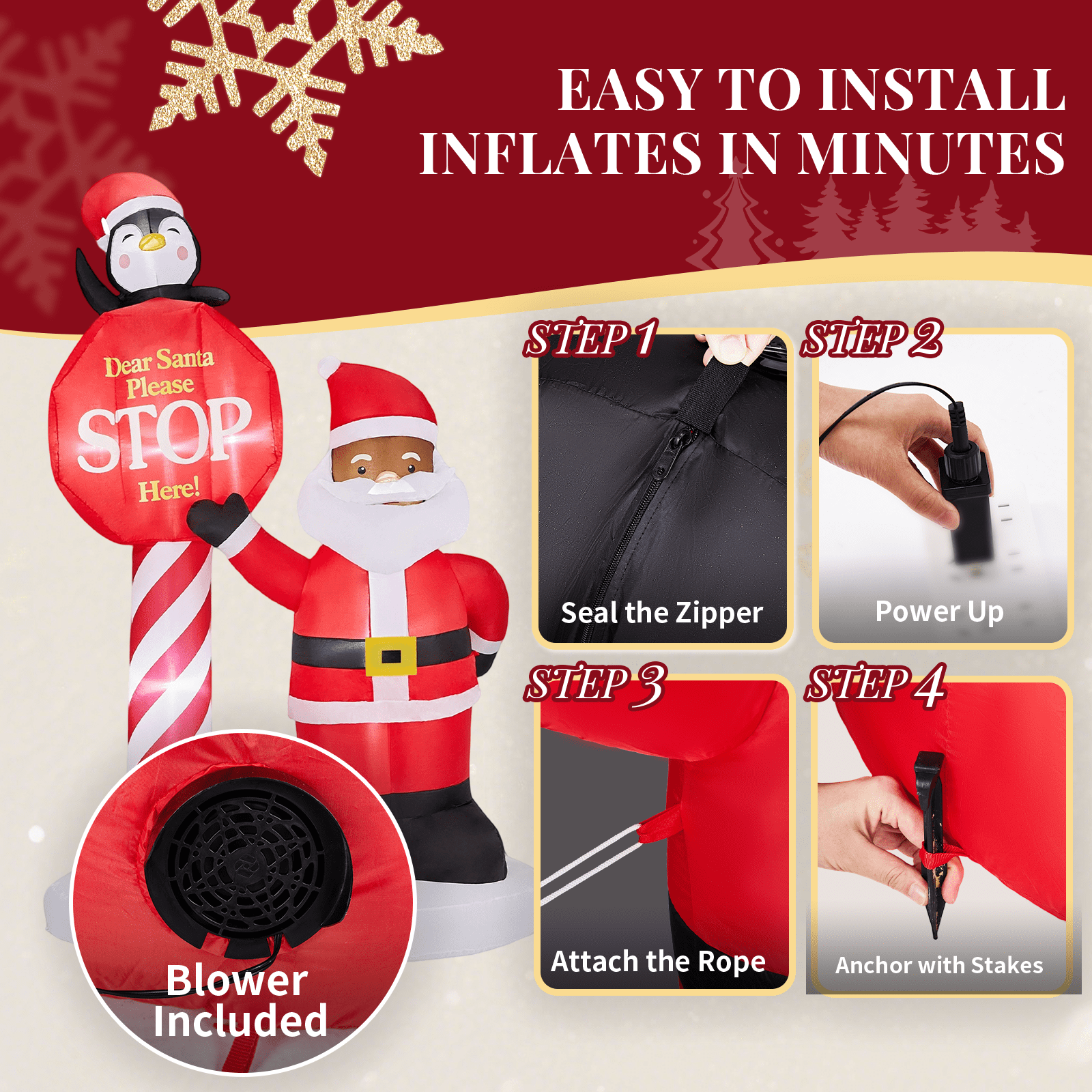 Astoutdoor Christmas Inflatable Decoration, Black Santa & Road Sign, 59.1 x 29.5 x 96.5 in, Built-in LED Lights, Blow Up Yard Decor