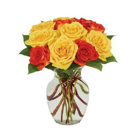 Flower Country - Rose Bouquet: 12 Orange, Yellow, & Multicolor Roses with Vase, Decorative
