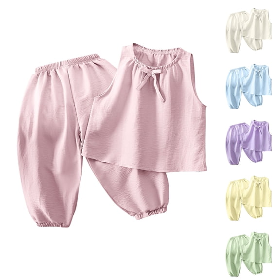 QSXADF Girls Outfit Set Ruffle Cami Top Wide Leg Pants Solid Bow Tank Top With Long Pants Casual Loungewear Summer Home Kids Clothing Set Children Outwear