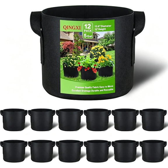 12-Pack 5 Gallon Grow Bags, Heavy Duty Fabric Pots with Handles, Reusable Plant Bags for Vegetable, Herbs & Flowers, BPA-Free, Breathable, Durable