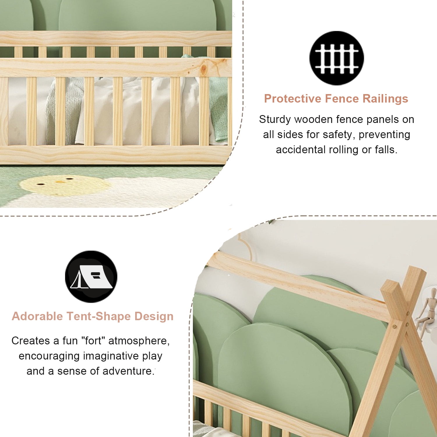 Twin Size House Floor Bed, Wood Montessori Bed Frame with Fence Guardrails, House Beds Frame (Twin,Natural)