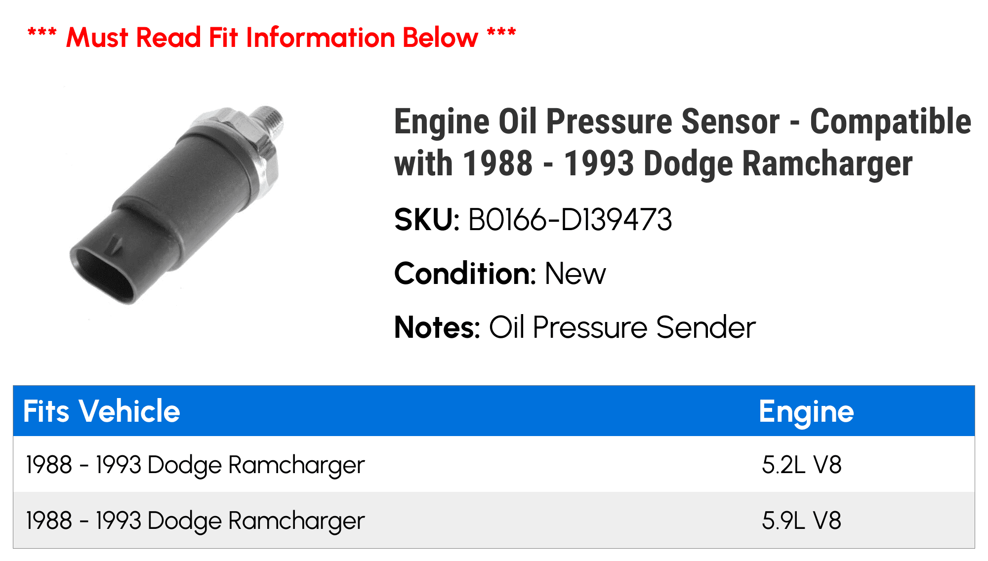 Engine Oil Pressure Sensor - Compatible with 1988 - 1993 Dodge Ramcharger 1989 1990 1991 1992