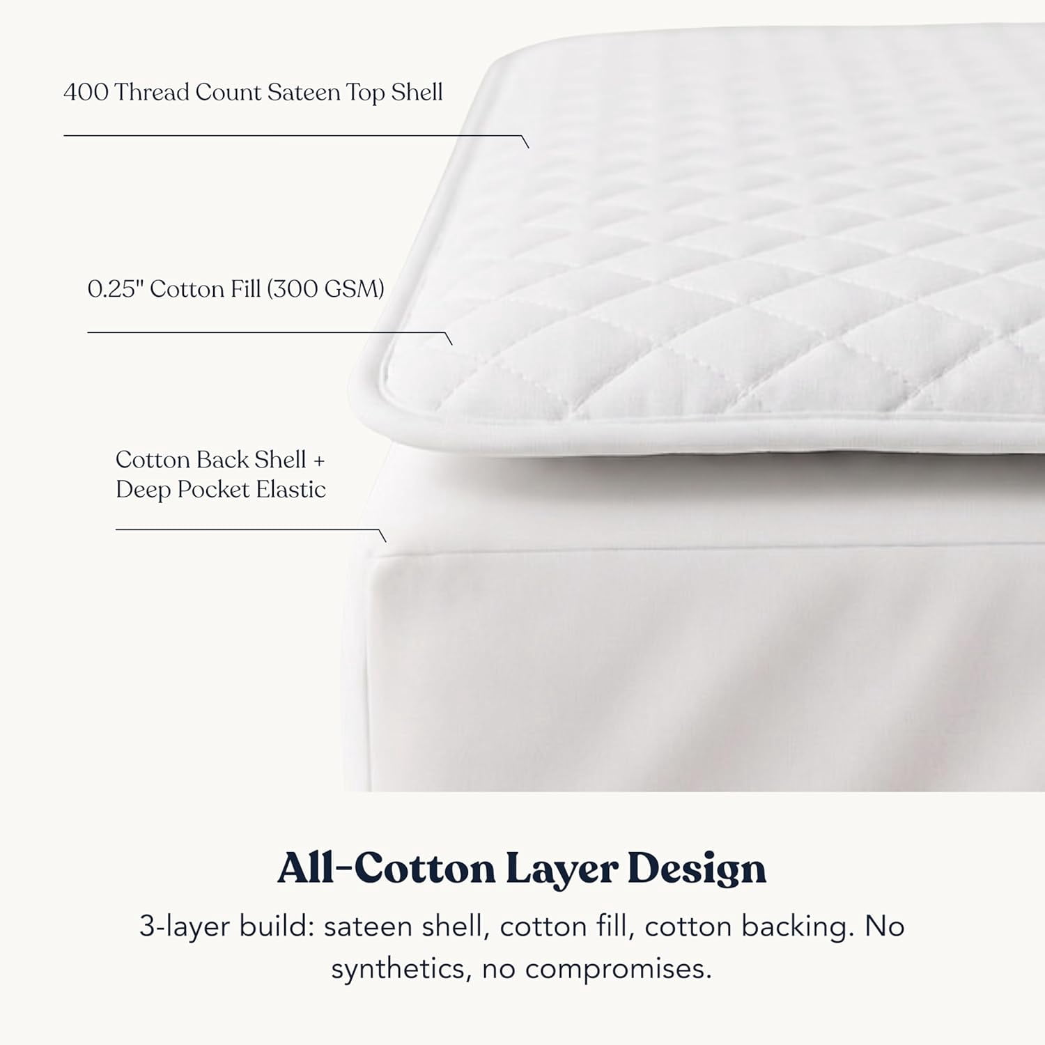 Delara Quilted Cotton Mattress Pad Cover, 100% GOTS Certified Organic Cotton Shell & Fill, 400TC, 300 GSM, 0.25" Cushioned Protection, Breathable, Machine Washable, Deep Pocket 18" - Queen 60"×80"