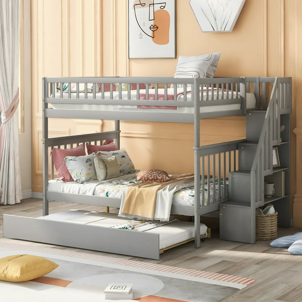 Full over Full Bunk Bed with Trundle Staircase Gray Low Loft Bed Twin ...