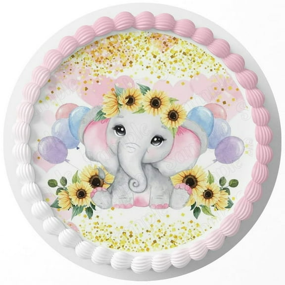 SugarMeLicious Baby Elephant Girl Edible Cake Topper Personalized Round Birthday Cake Banner for Baby Girl Parties Pink Floral Edible Image for Sweet Celebrations