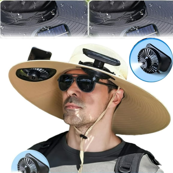 2025 Upgraded Solar Mist Fan Wide Brim Hat, Hat with Fans Solar Power, Built in USB Charging Fan for Outdoor Fishing