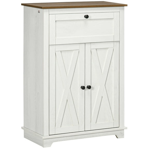 Living Room Cabinets HOMCOM Farmhouse Barn Door Accent Cabinet, Kitchen Sideboard Storage Cabinet with Double Doors, Drawer, and Adjustable Shelf for Bedroom, Living Room, White,Metal Cabinets