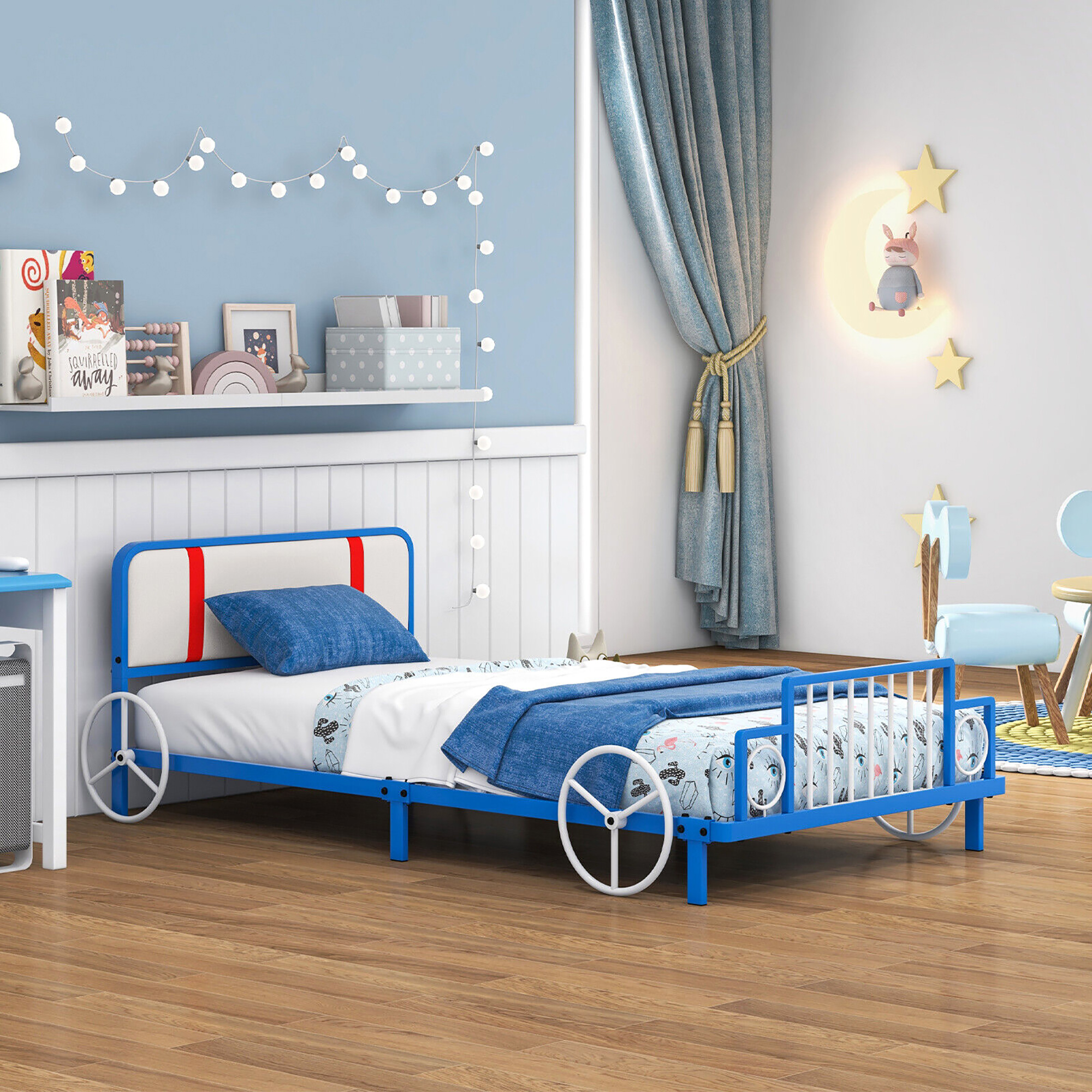 Gymax Twin Size Kids Bed Frame Car Shaped Metal Platform Bed w/ Upholstered Headboard