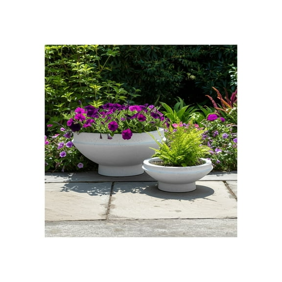 Set of 2 Modern Garden Planters - Durable Resin Cement Fiberglass - Decorative Indoor Outdoor Bowls for Home & Garden - 8", 6" White