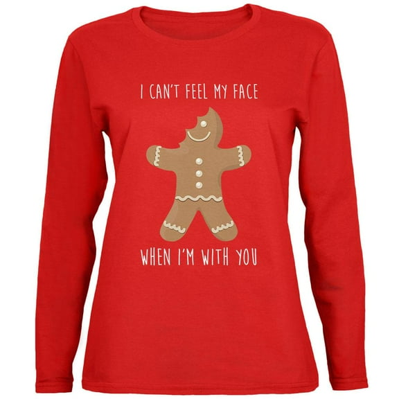 Christmas Gingerbread Man Can't Feel My Face Womens Long Sleeve T Shirt Red X-LG