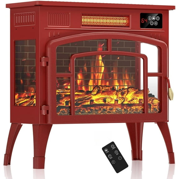 Freestanding Electric Fireplace Stove with Remote Control, 750W/1500W Infrared Fireplace Heater with 3D Flame Effect, Thermostat & Overheat Protection, Portable Fireplace for Indoor Use, Red