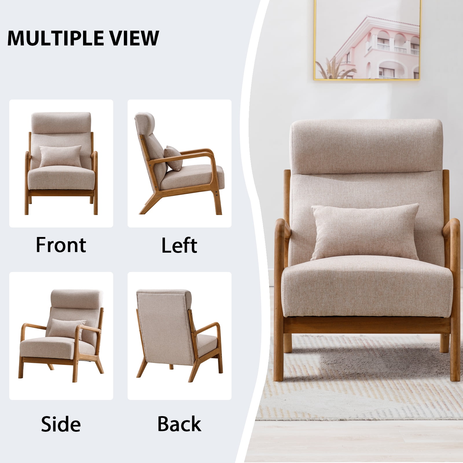 Bonzy Home Accent Chair Set of 2 Mid Century Modern Upholstered Armchair with Wood Frame for Living Room Bedroom Study Room, Easy Assembly, Beige