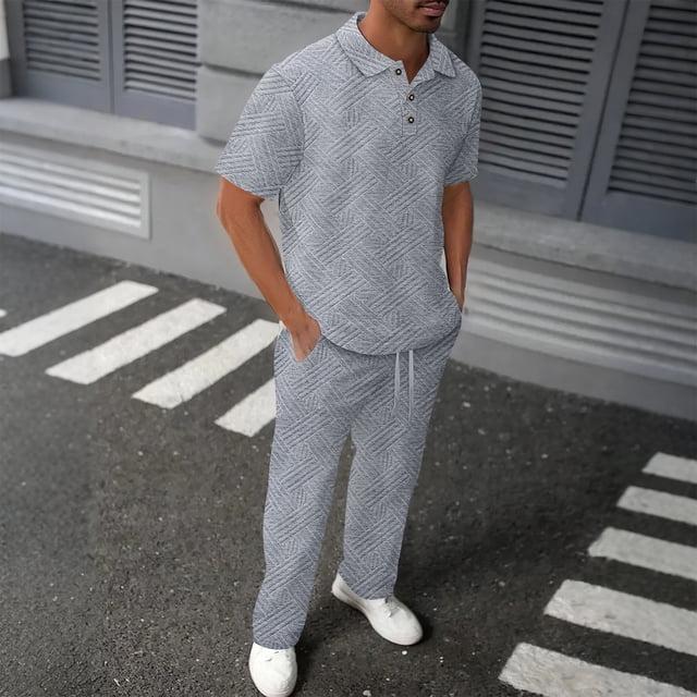 NTACZA Shirt Pants Men's Pants Set Short Sleeve Waffle Tracksuits Sports Mens Collared Sweatsuits M