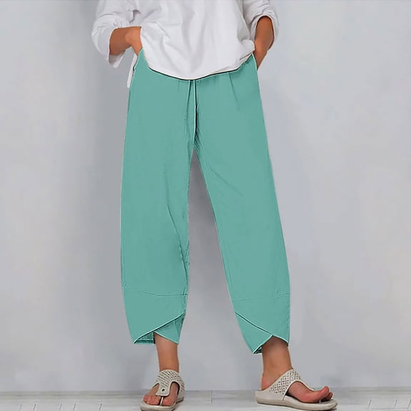 Zysthvn Casual Women Capris Wide Leg Summer Cropped Pants Womens Pants Elastic Waist Lightweight Loose Solid with Pockets