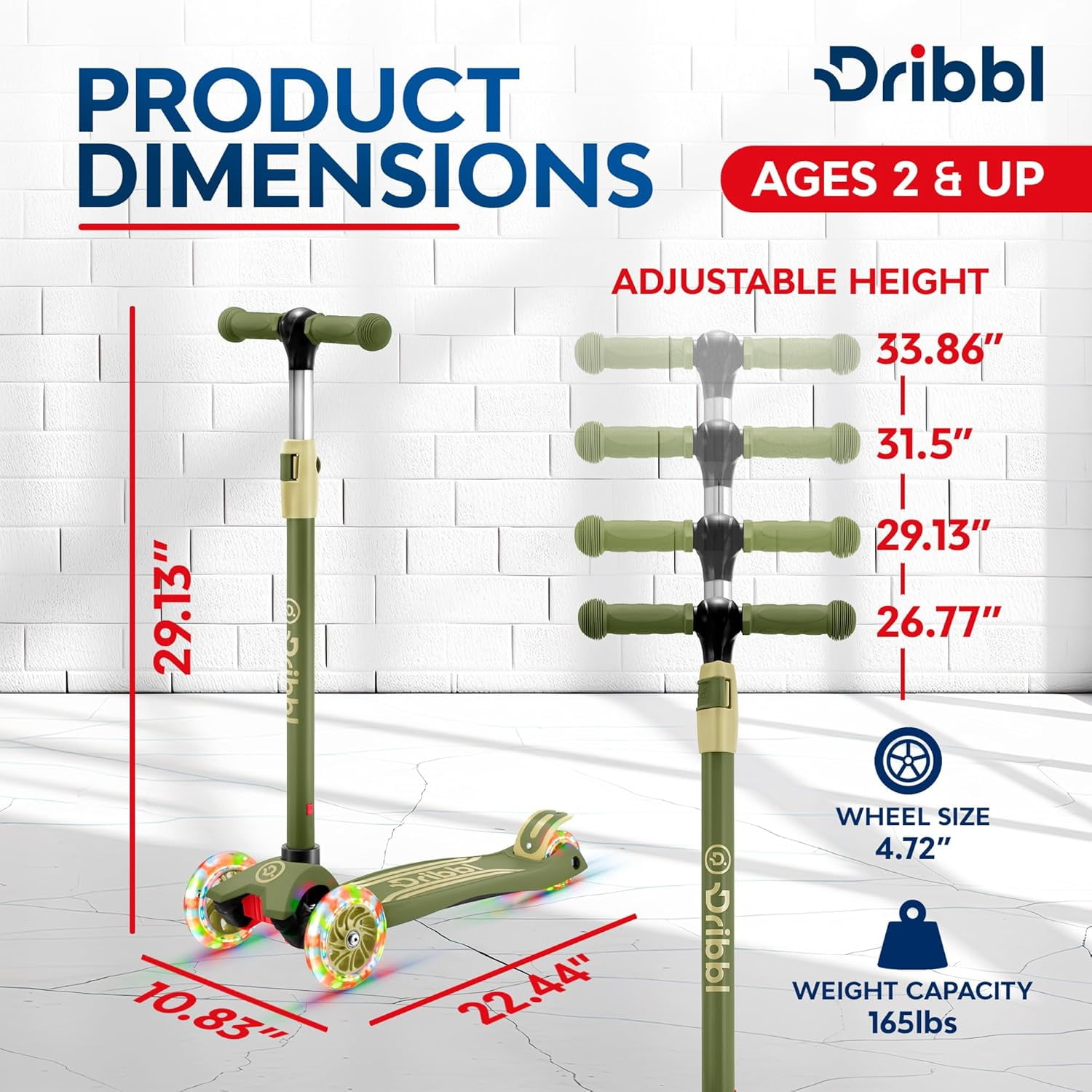 Dribbl 3-Wheel Kids Scooter - Lean-to-Steer Technology, Adjustable Height Handlebar, Wide Anti-Slip Deck, Scooter for Boys & Girls Ages 2+, Child Safety Approved, Support Riders Up to 165 lbs, Army
