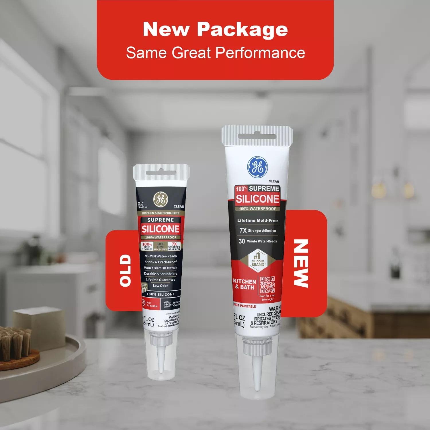 GE Supreme Silicone Kitchen & Bath Sealant, Pack of 1, Clear 2.8 fl oz Tube