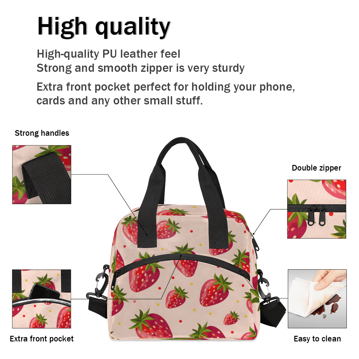Herdesigns Strawberry Insulated Lunch Bag for Women Men Adults Large Reusable Lunch Box Strawberries Leakproof Cooler Tote Bags with Adjustable Shoulder Strap