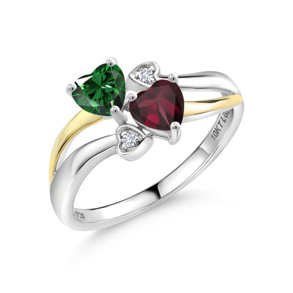 Gem Stone King 925 Silver and 10K Yellow Gold Green Nano Emerald and Red Rhodolite Garnet and White Lab Grown Diamond Ring for Women (1.07 Cttw, May Birthstone, Heart Shape 5MM, Size 6)