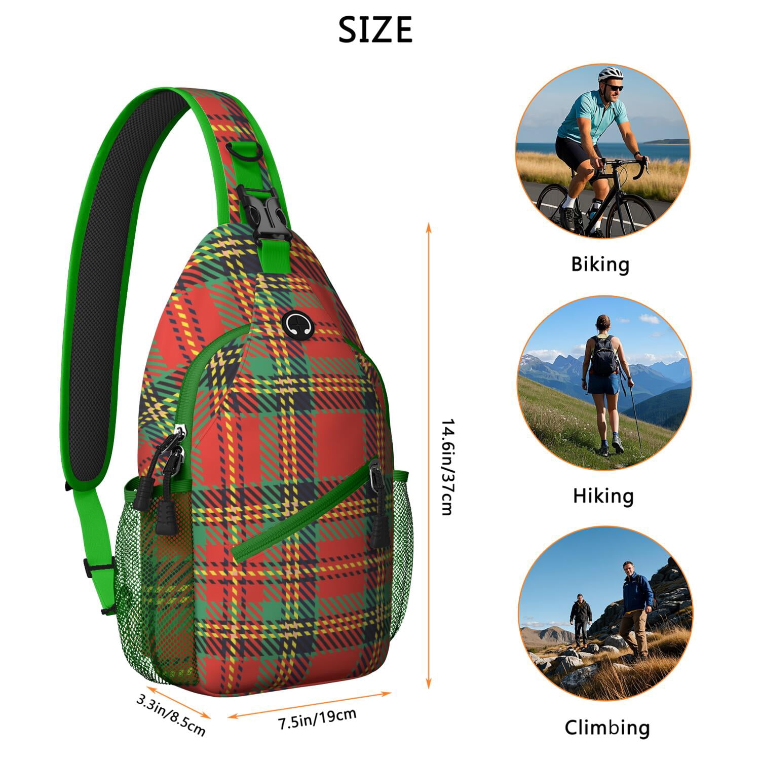Farmhouse Plaid Print Shoulder Backpack - Buffalo Checkered Sling Bag with Mesh Sides & Organized Pockets - Versatile Wear for Men & Women on Outdoor Adventures