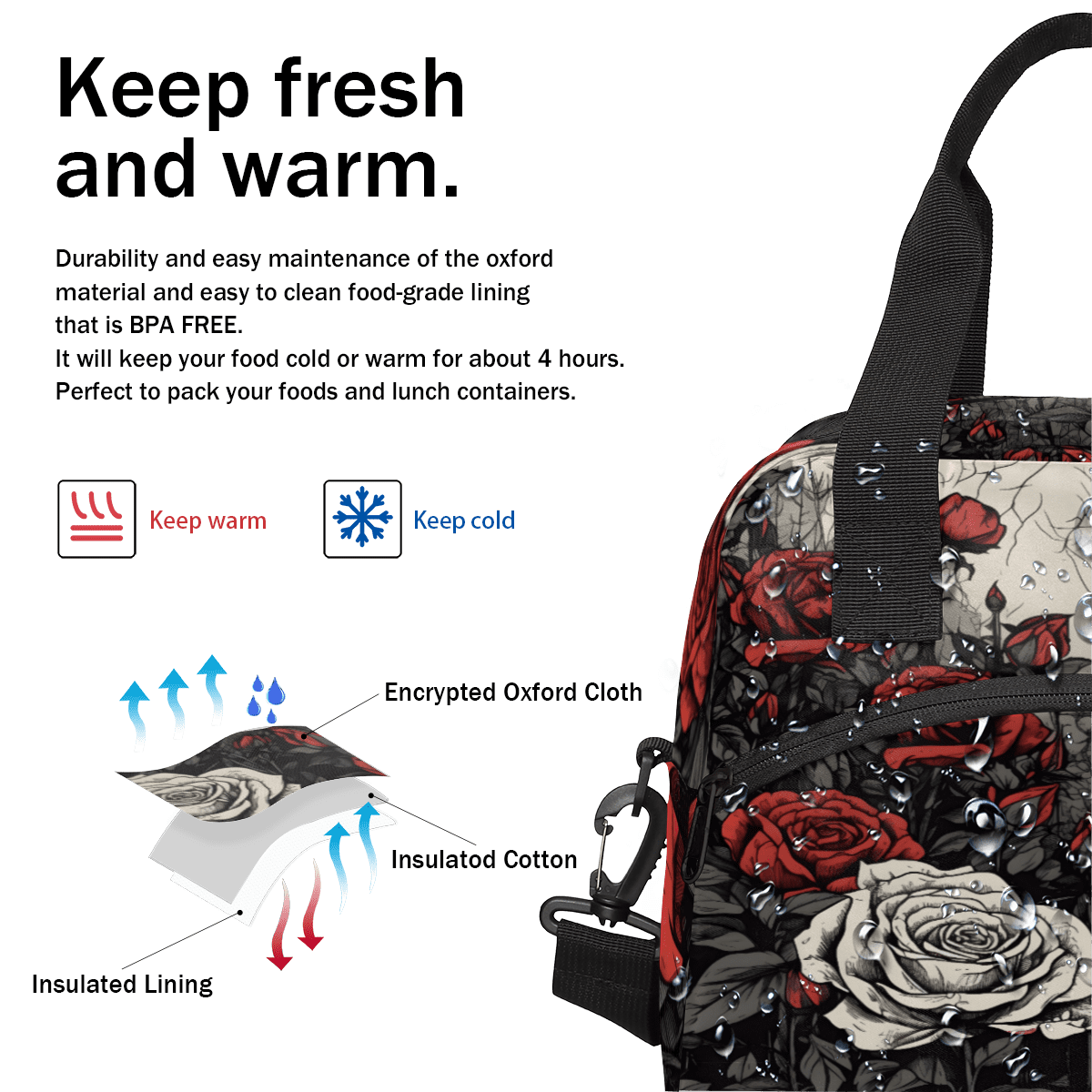 Herdesigns Rose Insulated Lunch Bag for Women Men Adults Large Reusable Lunch Box Vintage Floral Flower Leakproof Cooler Tote Bags with Adjustable Shoulder Strap