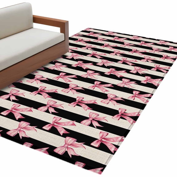 Vintage White Black Striped Washable Area Rug 2.7 x 5 ft Pink Bow Linen Texture, Soft Non Slip Rugs Stain Repellent Indoor Felt Carpet for Living Dining Room Bedroom Home Office