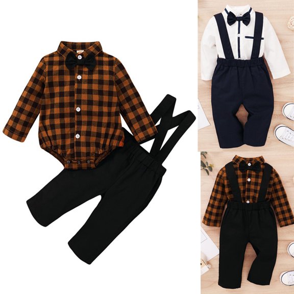 URMAGIC Baby Boys Tie-Bow Plaid Romper Suspender Long Pants Gentleman Formal Outfit Sets