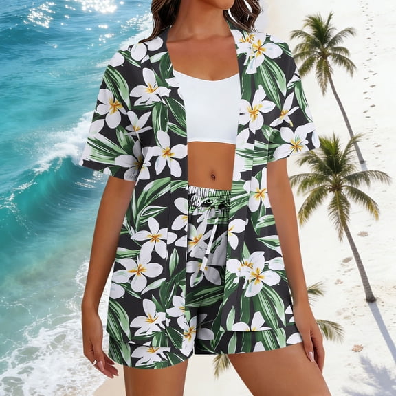 Womens 2 Piece Hawaiian Beach Outfits Short Sleeve Cardigan Blouses Tops and Drawstring Shorts Set Summer Beach Vacation Beachwear