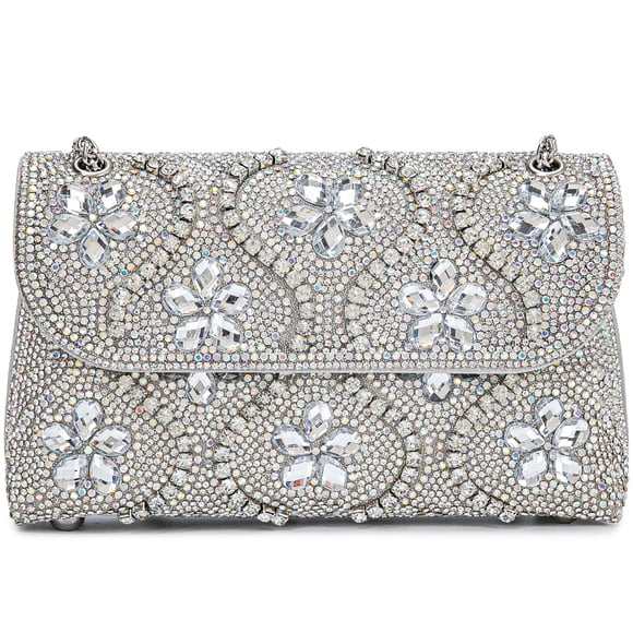 Bolso de noche BBTT.ful con correa de cadena de flores y diamantes de imitación plateados