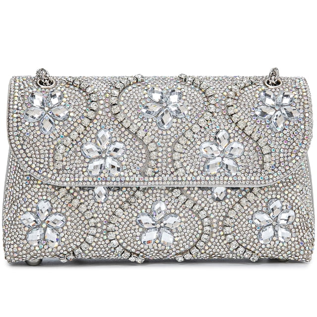 Bolso de noche BBTT.ful con correa de cadena de flores y diamantes de imitación plateados