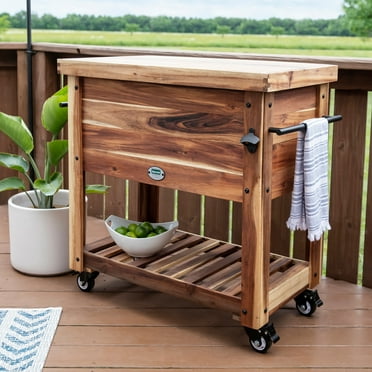 Backyard Discovery 100-Qt Acacia Wood Bar Cart Beverage Cooler, Wheels, Bottle Opener