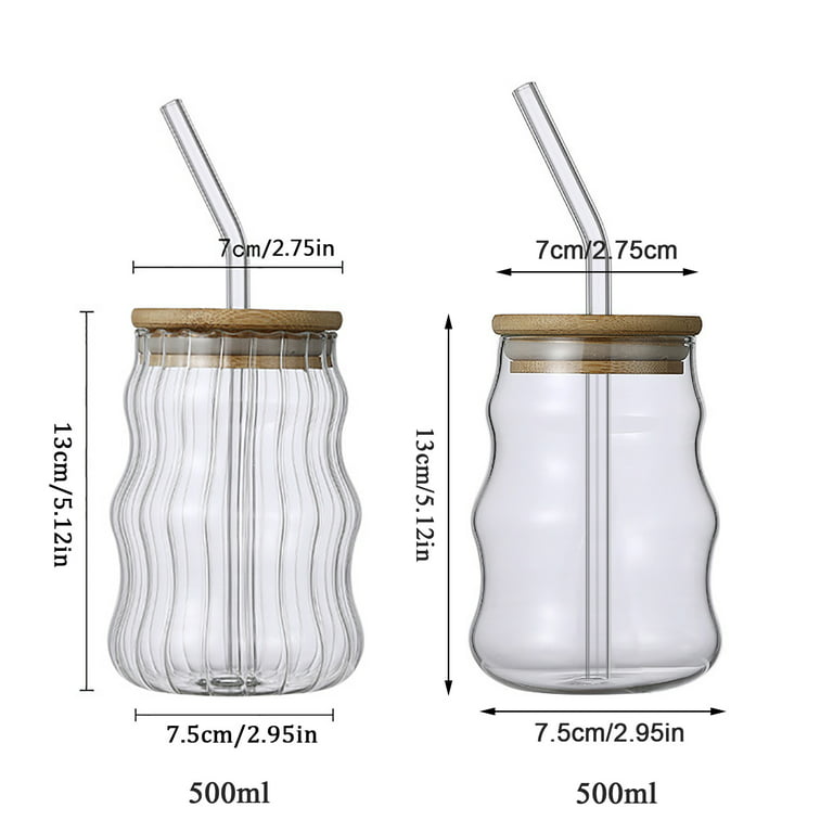 Drinking Glasses with Bamboo Lids and Glass Straw 17oz Wave Shaped Glass Cups, Beer Glasses, Iced Coffee Glasses, Size: One size, Clear