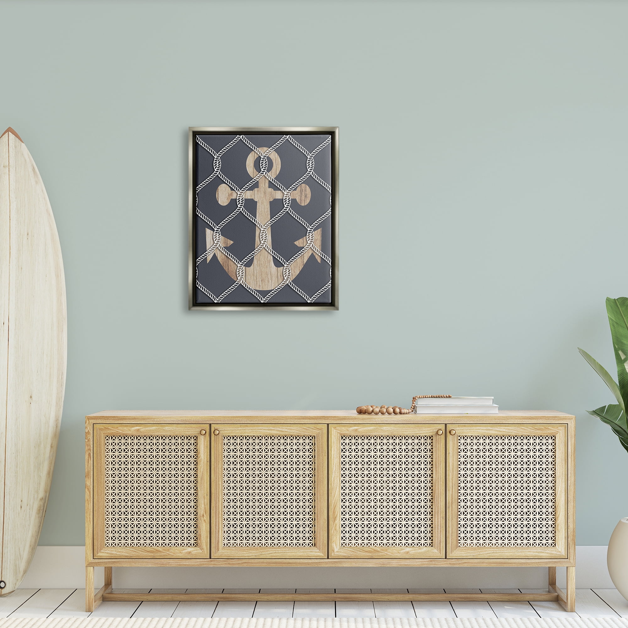 Stupell Nautical Anchor Linked Rope Landscape Painting Gray Floater Framed Art Print Wall Art