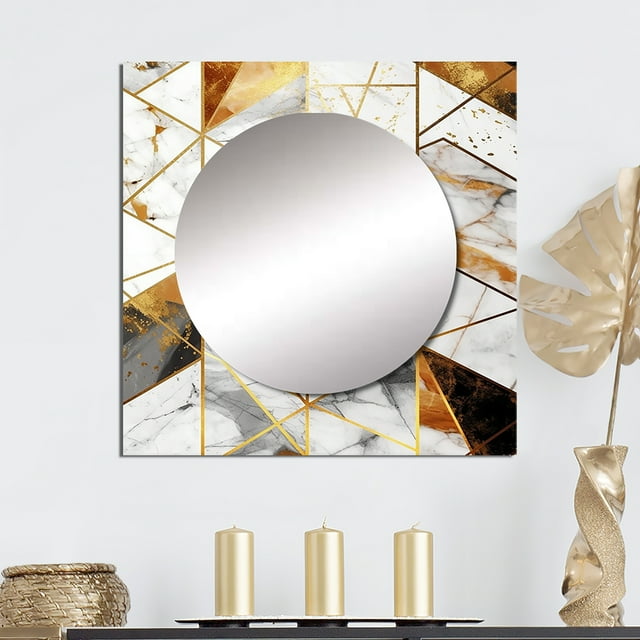 Designart "Golden Symmetry Exploration V" Modern Geometric Square Mirror For Wall Decor - Large Gold Square Printed Wall Mirror Art - Square Modern Mirror - Wall Mounted Square Large Mirror
