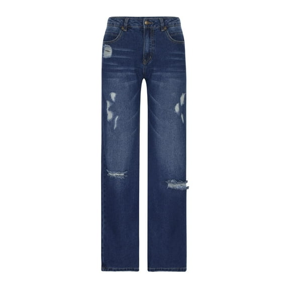 Tdoqot Women's Stretch Relaxed Fit Straight Leg Jean- Casual Summer Ripped With Pockets Denim Pants Blue Size 4